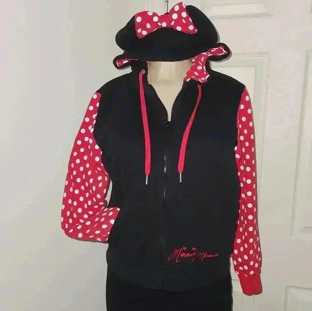 Disney Parks Minnie Mouse Zip-Up‎ Hoodie w/Ears and Bow Polka Dots Size M